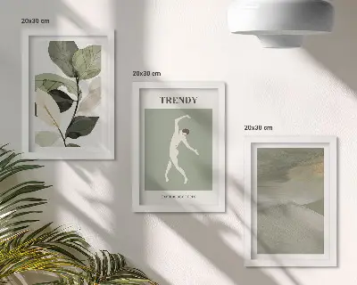 Set ingelijste schilderijen met plantenpatronen, silhouetten en abstracte vormen