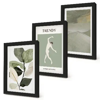 Set ingelijste schilderijen met plantenpatronen, silhouetten en abstracte vormen