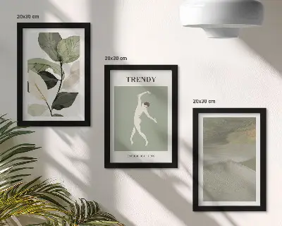 Set ingelijste schilderijen met plantenpatronen, silhouetten en abstracte vormen
