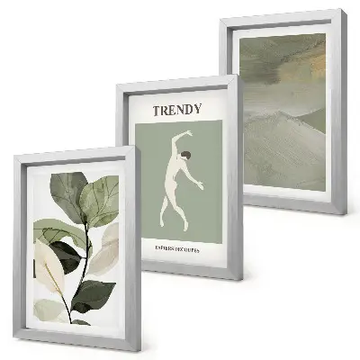 Set ingelijste schilderijen met plantenpatronen, silhouetten en abstracte vormen