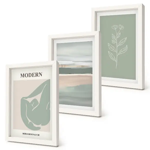 Set ingelijste schilderijen met abstracte vormen in pasteltinten en planten