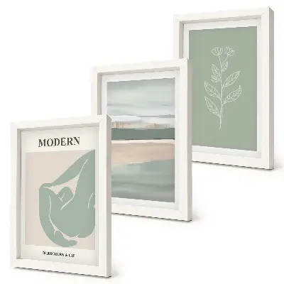 Set ingelijste schilderijen met abstracte vormen in pasteltinten en planten