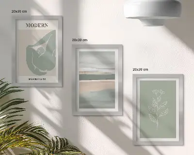 Set ingelijste schilderijen met abstracte vormen in pasteltinten en planten