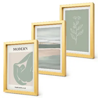 Set ingelijste schilderijen met abstracte vormen in pasteltinten en planten