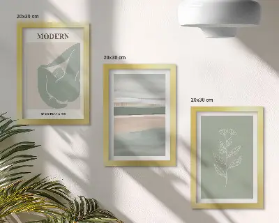 Set ingelijste schilderijen met abstracte vormen in pasteltinten en planten