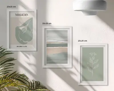 Set ingelijste schilderijen met abstracte vormen in pasteltinten en planten