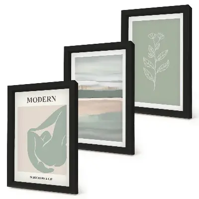 Set ingelijste schilderijen met abstracte vormen in pasteltinten en planten