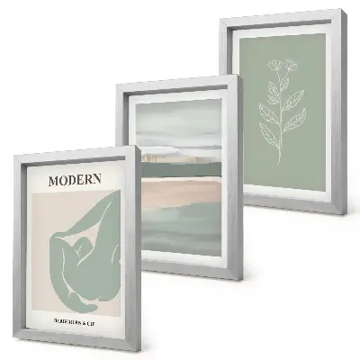 Set ingelijste schilderijen met abstracte vormen in pasteltinten en planten