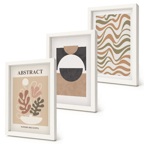 Set van ingelijste schilderijen Abstracte vormen en patronen in ingetogen kleuren.