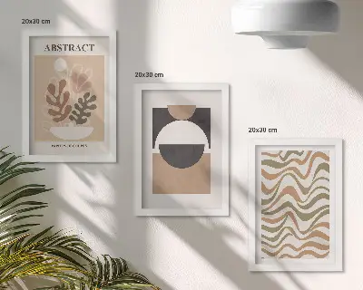 Set ingelijste schilderijen met abstracte vormen en patronen in ingetogen kleuren