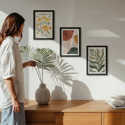 Gallery wall met bloemmotieven, abstracte vormen en bladeren
