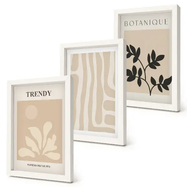 Set van ingelijste schilderijen met stijlvolle plantenpatronen in beige en zwarte tinten
