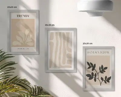Set van ingelijste schilderijen met stijlvolle plantenpatronen in beige en zwarte tinten
