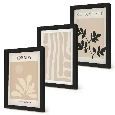 Set van ingelijste schilderijen met stijlvolle plantenpatronen in beige en zwarte tinten
