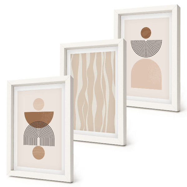 Set van ingelijste schilderijen Abstracte vormen in bruine en beigetinten.