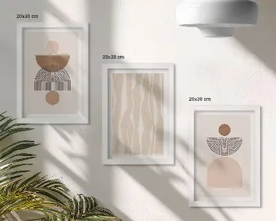 Set ingelijste schilderijen met abstracte vormen in bruine en beigetinten