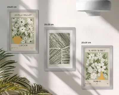 Set van ingelijste schilderijen met abstracte bloemmotieven en lijnen uit Londen en Dublin