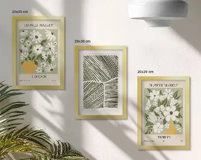 Set van ingelijste schilderijen met abstracte bloemmotieven en lijnen uit Londen en Dublin