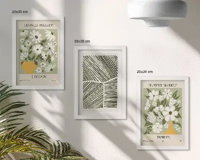 Set van ingelijste schilderijen met abstracte bloemmotieven en lijnen uit Londen en Dublin