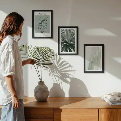 Set van ingelijste schilderijen met plantenpatronen in groen- en beigetinten
