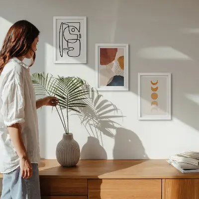 Gallery wall met abstracte vormen en modieuze kleuren