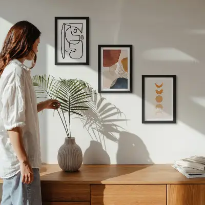 Gallery wall met abstracte vormen en modieuze kleuren