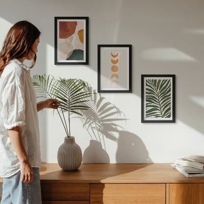 Set van ingelijste schilderijen Abstracte vormen in warme kleuren en bladeren