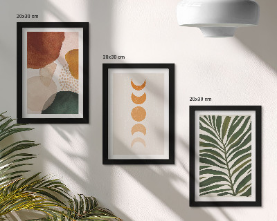 Set van ingelijste schilderijen Abstracte vormen in warme kleuren en bladeren