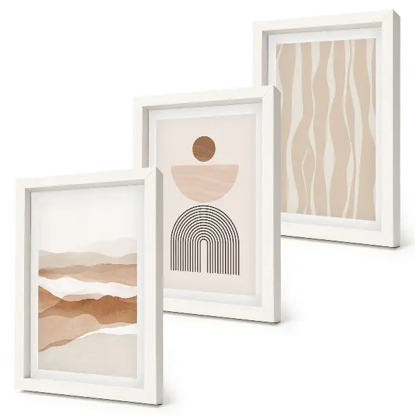 Set ingelijste schilderijen met abstracte landschappen, natuurlijke vormen en geometrie