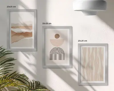 Set ingelijste schilderijen met abstracte landschappen, natuurlijke vormen en geometrie