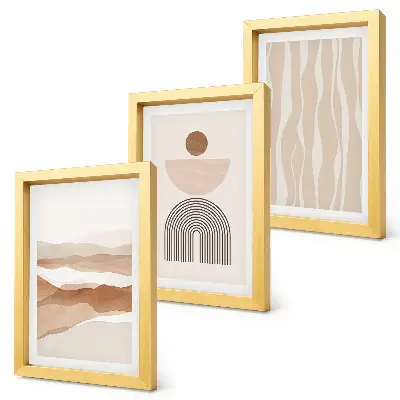 Set ingelijste schilderijen met abstracte landschappen, natuurlijke vormen en geometrie