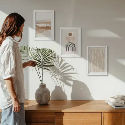 Set ingelijste schilderijen met abstracte landschappen, natuurlijke vormen en geometrie