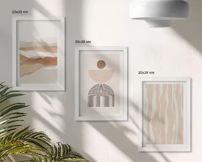 Set ingelijste schilderijen met abstracte landschappen, natuurlijke vormen en geometrie