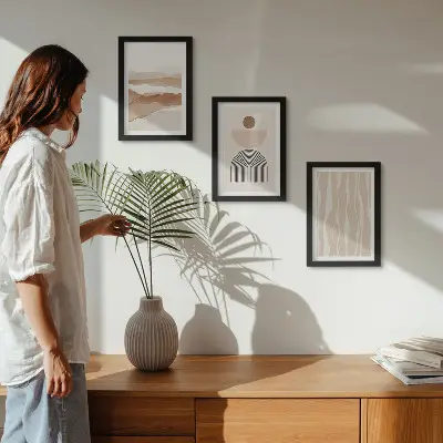 Set ingelijste schilderijen met abstracte landschappen, natuurlijke vormen en geometrie