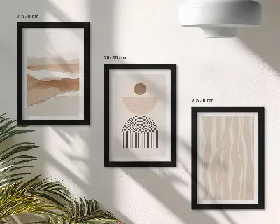 Set ingelijste schilderijen met abstracte landschappen, natuurlijke vormen en geometrie