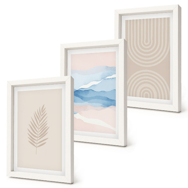 Gallery wall Bladeren en golven in beige en blauwe tinten.