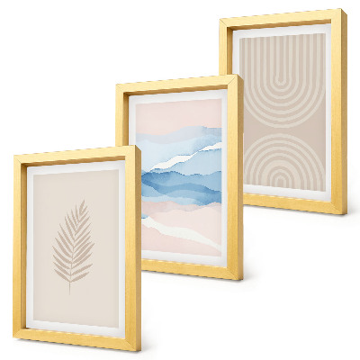 Gallery wall Bladeren en golven in beige en blauwe tinten.