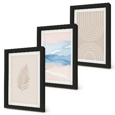 Gallery wall Bladeren en golven in beige en blauwe tinten.