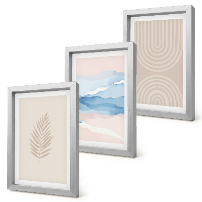 Gallery wall Bladeren en golven in beige en blauwe tinten.