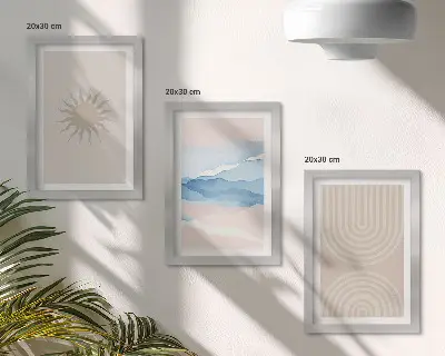 Set van ingelijste schilderijen met zon, golven en abstracte lijnen in pastelkleuren