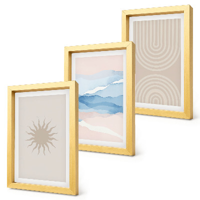 Set van ingelijste schilderijen Zon, golven en abstracte lijnen in pastelkleuren.