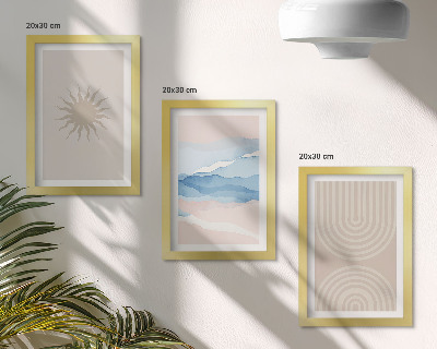 Set van ingelijste schilderijen Zon, golven en abstracte lijnen in pastelkleuren.