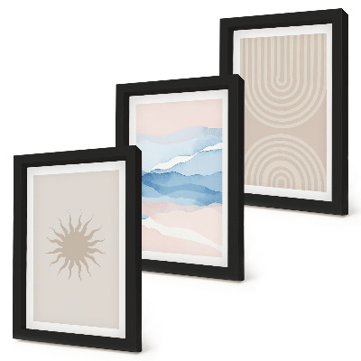 Set van ingelijste schilderijen Zon, golven en abstracte lijnen in pastelkleuren.