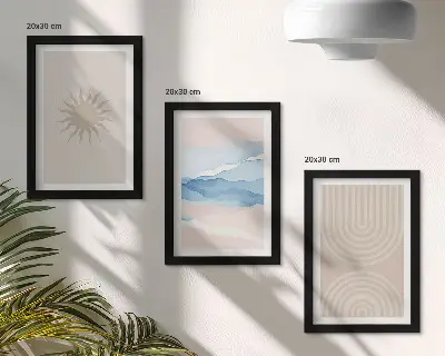 Set van ingelijste schilderijen met zon, golven en abstracte lijnen in pastelkleuren
