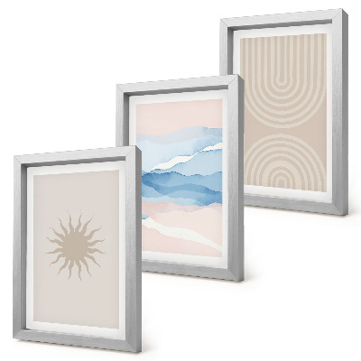 Set van ingelijste schilderijen Zon, golven en abstracte lijnen in pastelkleuren.