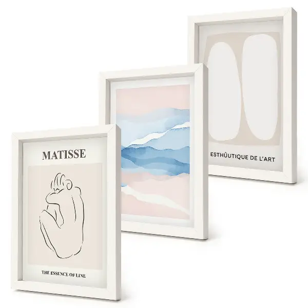 Set van ingelijste schilderijen met Matisse's abstracte vormen en delicate kleuren