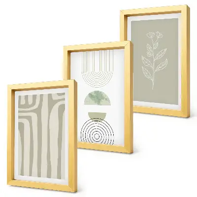 Set ingelijste schilderijen met geometrische patronen en plantenaccenten in groene tinten