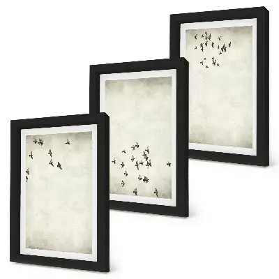 Set van ingelijste schilderijen met een minimalistische afbeelding van vliegende vogels