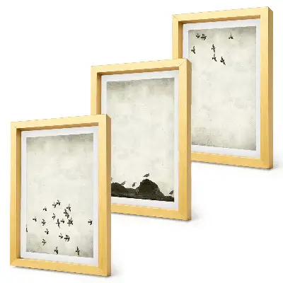 Set van ingelijste schilderijen met voorstelling van vogels in vlucht in minimalistische stijl