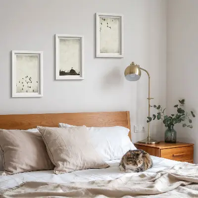 Set van ingelijste schilderijen met voorstelling van vogels in vlucht in minimalistische stijl